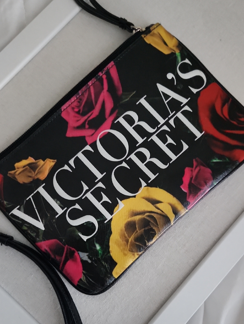 Victoria's Secret Black Floral Wristlet with Yellow & Pink Roses